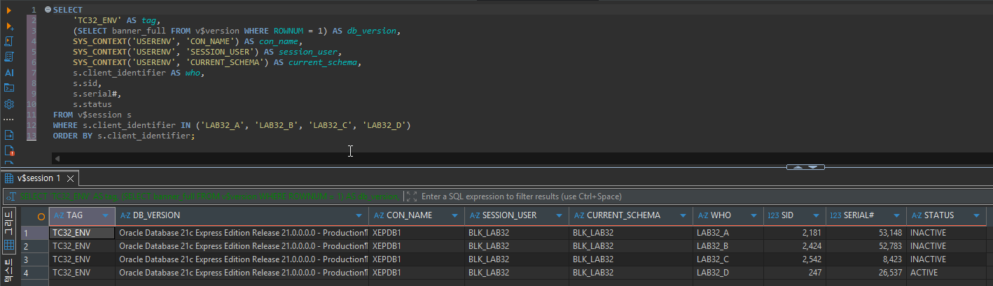 BLOCKING_SESSION만 보면 엉뚱한 세션을 정리합니다: Oracle 차단 체인에서 원인 세션 찾는 SQL 2 21c XE의 XEPDB1에서 BLK_LAB32로 접속한 LAB32_A·B·C·D 네 세션이 SID 2181, 2424, 2542, 247로 각각 조회됩니다.