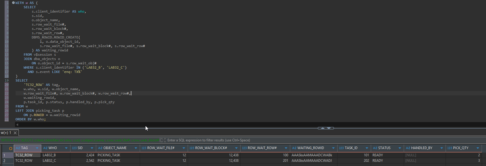 BLOCKING_SESSION만 보면 엉뚱한 세션을 정리합니다: Oracle 차단 체인에서 원인 세션 찾는 SQL 5 B는 파일 12, 블록 12438, 행 100에서 task_id 101을, C는 같은 블록의 행 201에서 task_id 202를 기다리는 것으로 조회됩니다.
