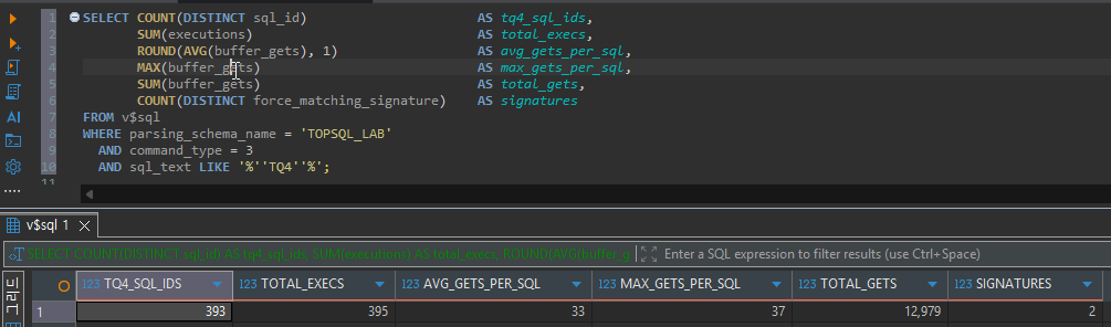 AWR 없이 V$SQL로 Top SQL 찾기: 기준마다 1위가 달랐고 리터럴 SQL은 기록에서 사라졌습니다 5 TQ4 리터럴 SQL 집계에서 SQL_ID 393개, 실행 395회, 평균 gets 33, 최대 37, 합계 12,979, signature 2개가 조회된 결과