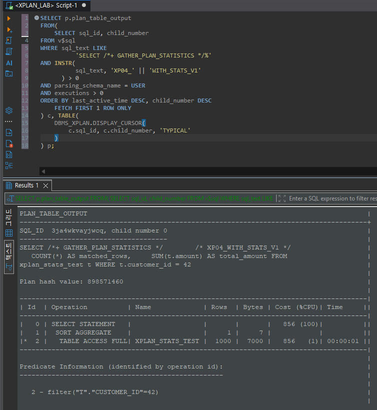 GATHER_PLAN_STATISTICS 힌트를 넣었는데도 A-Rows가 안 보이는 이유 4 실행 통계를 수집한 Oracle SQL을 TYPICAL 형식으로 조회한 실행계획
