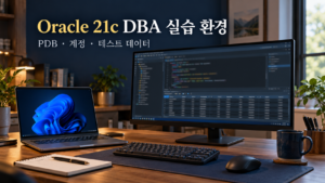 Oracle 21c DBA 실습 환경 구성: PDB·계정·10만 건 테스트 데이터 준비 3 Windows 노트북과 SQL 편집기 화면으로 구성한 Oracle 21c DBA 실습 환경