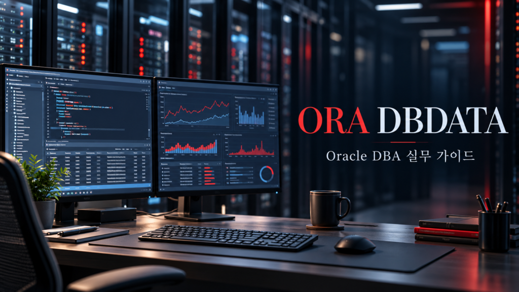 ORA DBDATA Oracle DBA 실무 가이드 소개 이미지 — SQL 분석 모니터와 서버를 배경으로 한 DBA 작업 공간