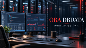 ORA DBDATA Oracle DBA 실무 가이드 소개 이미지 — SQL 분석 모니터와 서버를 배경으로 한 DBA 작업 공간