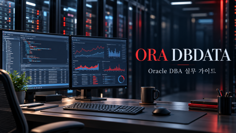 ORA DBDATA Oracle DBA 실무 가이드 소개 이미지 — SQL 분석 모니터와 서버를 배경으로 한 DBA 작업 공간