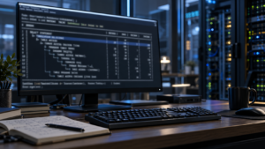 Oracle SQL 실행계획 분석을 표현한 모니터와 DBA 작업 공간